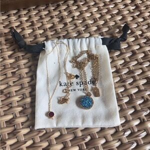 Kate Spade TWO Gold Necklaces with Blue and Dainty Ruby Red Pendants